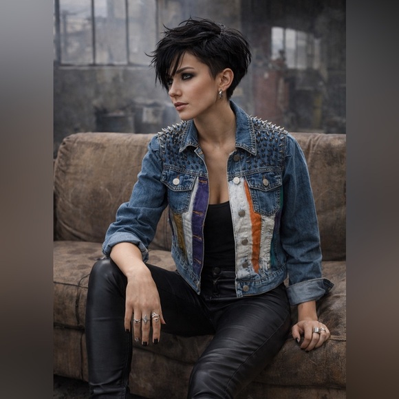 Akira Denim jacket sz MD handpainted butterfly/stripes metal spike studs OOAK - Picture 3 of 15